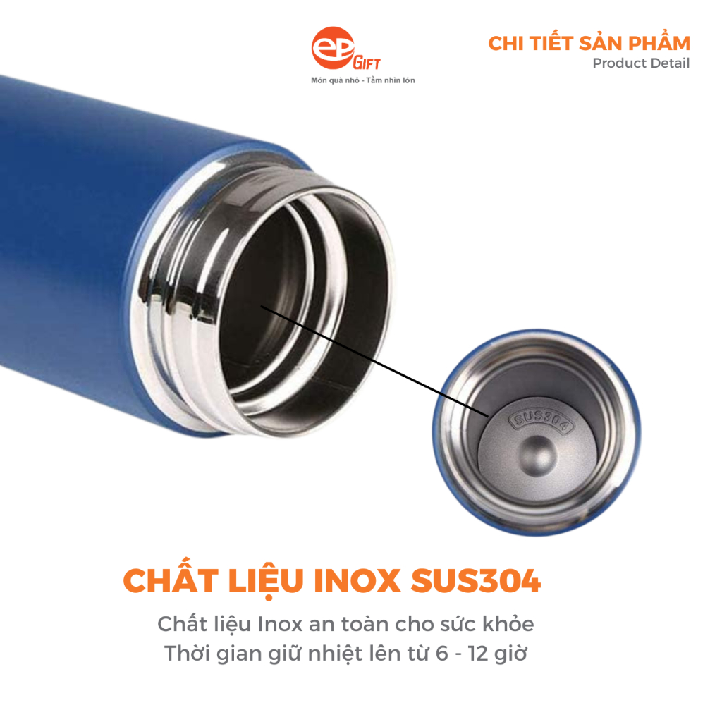 Bình Nước Giữ Nhiệt Epvina Gift Nắp Bạc Chất Liệu Inox 304 Chống Gỉ Dung Tích 500ml