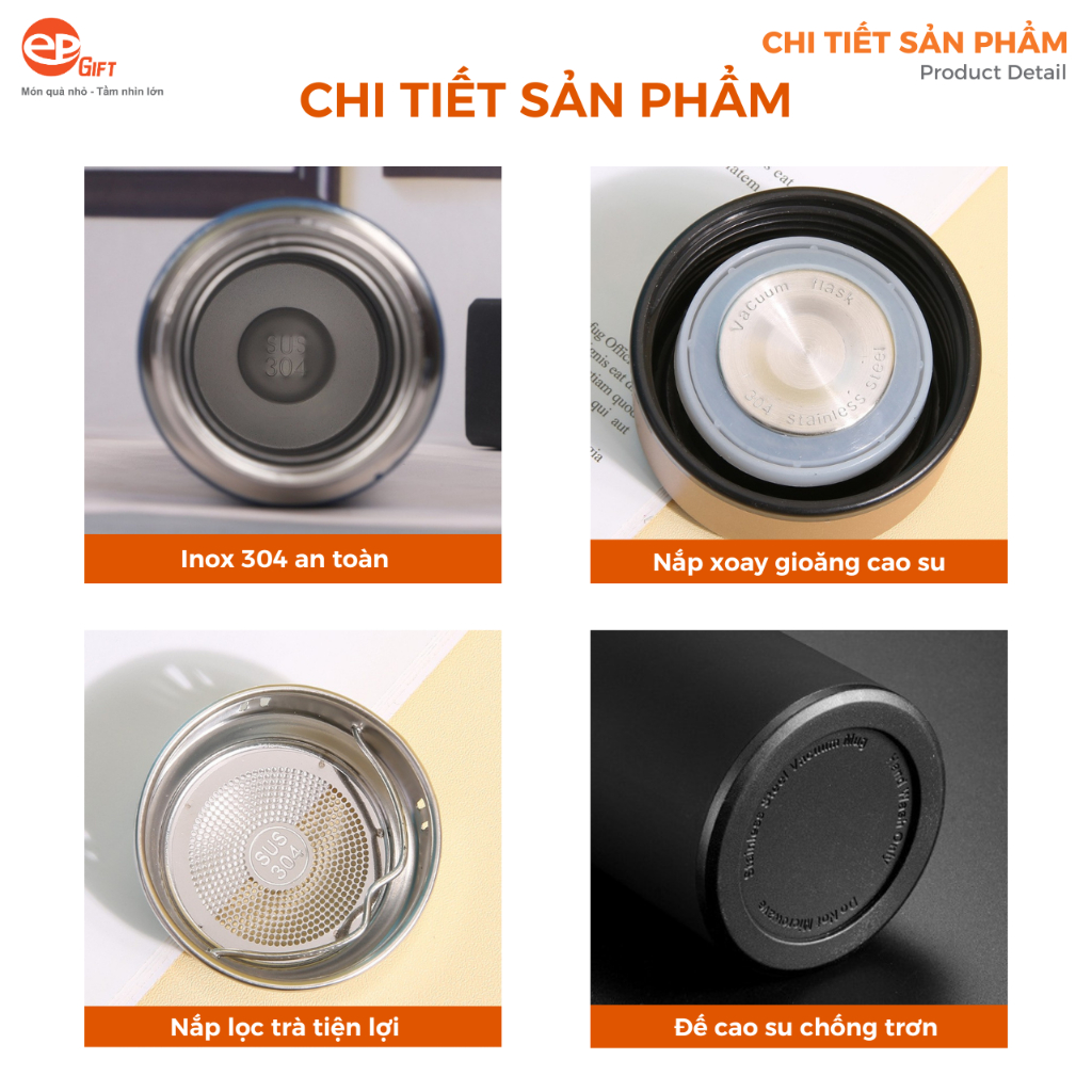 Bình Nước Giữ Nhiệt Epvina Gift Nắp Bạc Chất Liệu Inox 304 Chống Gỉ Dung Tích 500ml