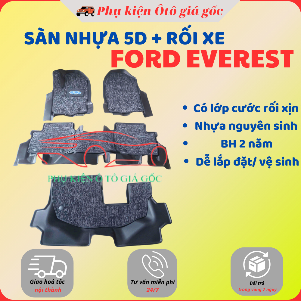 Thảm lót sàn NHỰA 5D TRÀN VIỀN xe Ford Everest 2017 - 2025 Thảm NHỰA TPE 5D đúc nguyên khối theo xe - 3 hàng