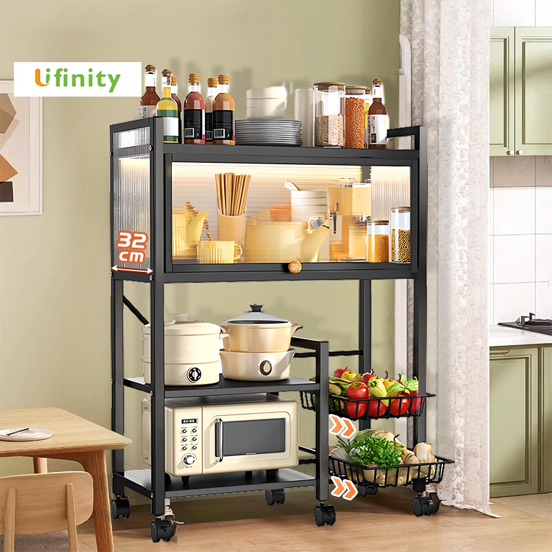 Lifinity Kệ đa năng nhà bếp 4 tầng có nắp đậy: Đựng lò vi sóng, rau củ, xoong nồi Bánh xe di động
