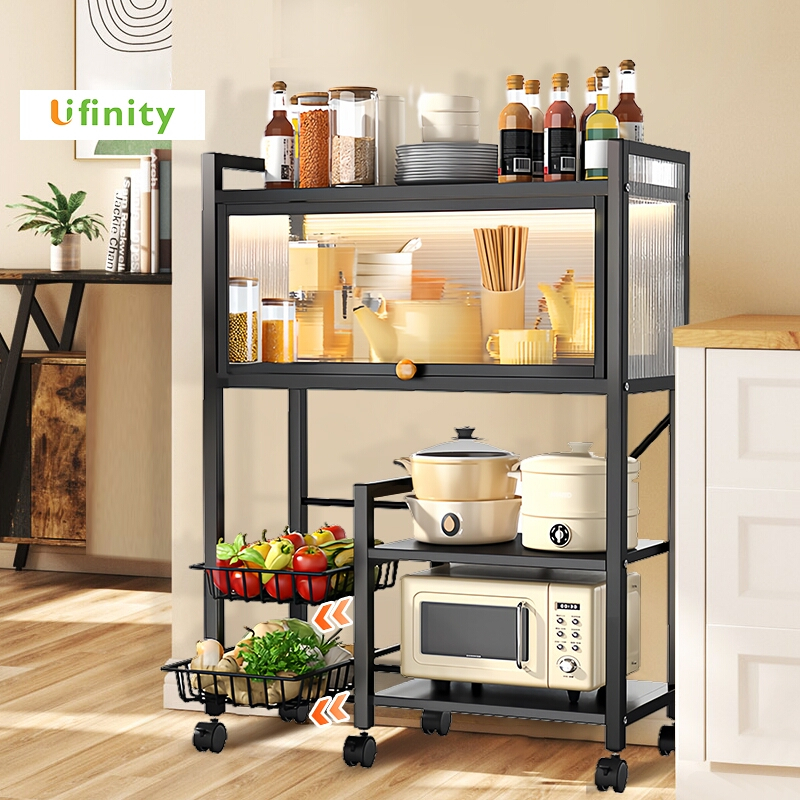 Lifinity Kệ đa năng nhà bếp 4 tầng có nắp đậy: Đựng lò vi sóng, rau củ, xoong nồi Bánh xe di động