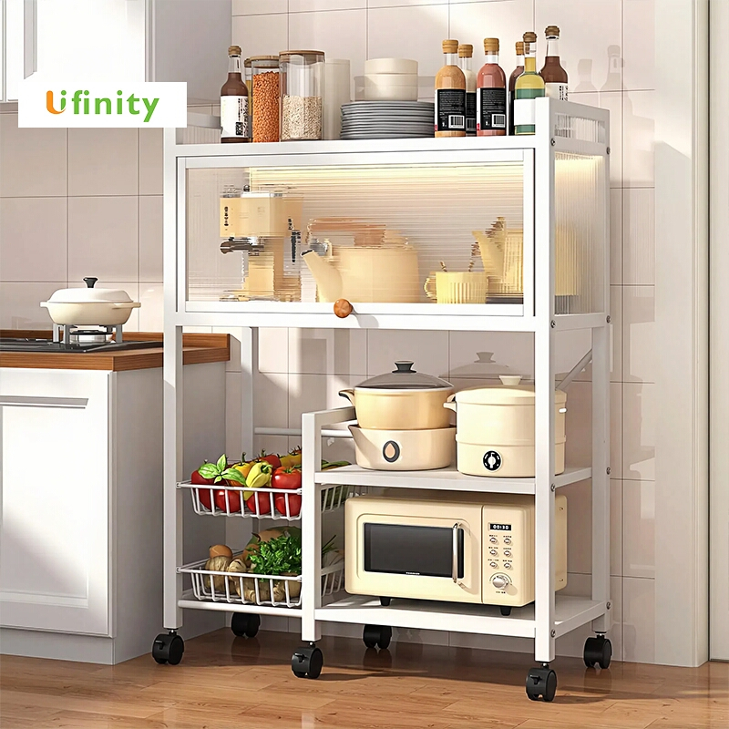 Lifinity Kệ đa năng nhà bếp 4 tầng có nắp đậy: Đựng lò vi sóng, rau củ, xoong nồi Bánh xe di động