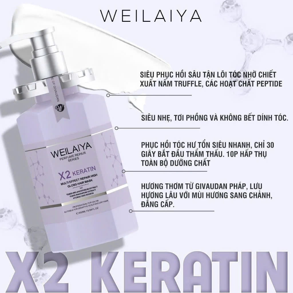 Hấp đa tầng phục hồi liên kết tóc Weilaiya X2 Keratin 450ml phù hợp tóc chẻ ngọn khô xơ hư tổn
