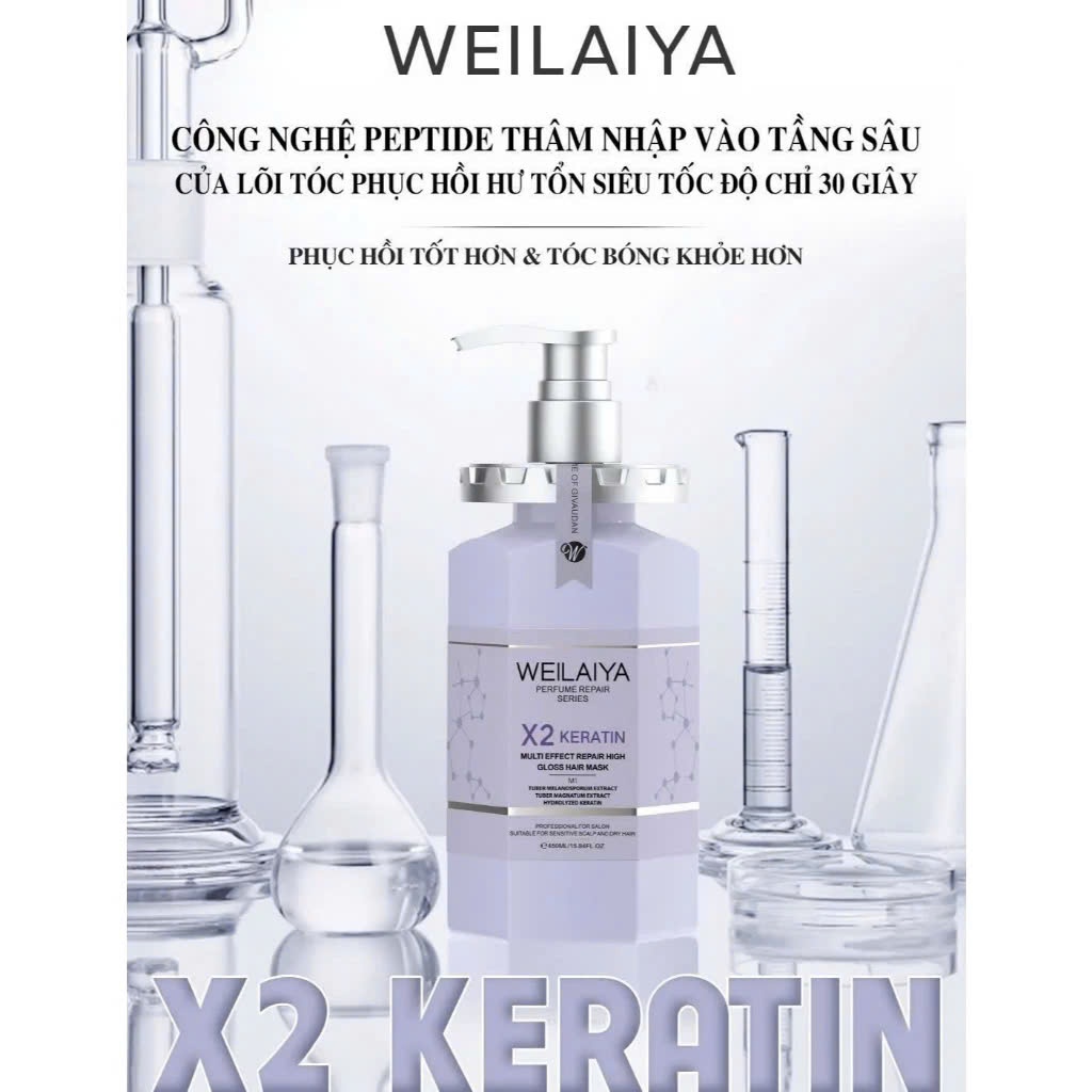 Hấp đa tầng phục hồi liên kết tóc Weilaiya X2 Keratin 450ml phù hợp tóc chẻ ngọn khô xơ hư tổn