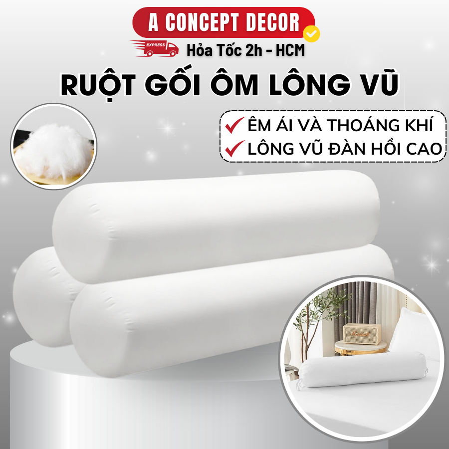 Ruột Gối Ôm Lông Vũ Cao Cấp 35x100cm | Êm Ái, Thoáng Khí, Kháng Khuẩn