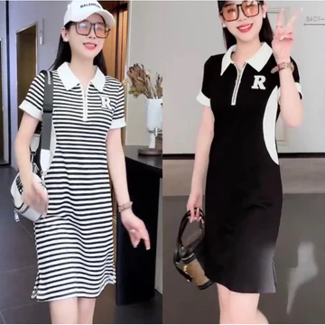 váy polo nữ, váy thiết kế nữ, váy dự tiệc, váy kẻ, váy qua gối, váy co dãn 4 chiều, váy cổ khoá phối eo trắng T99