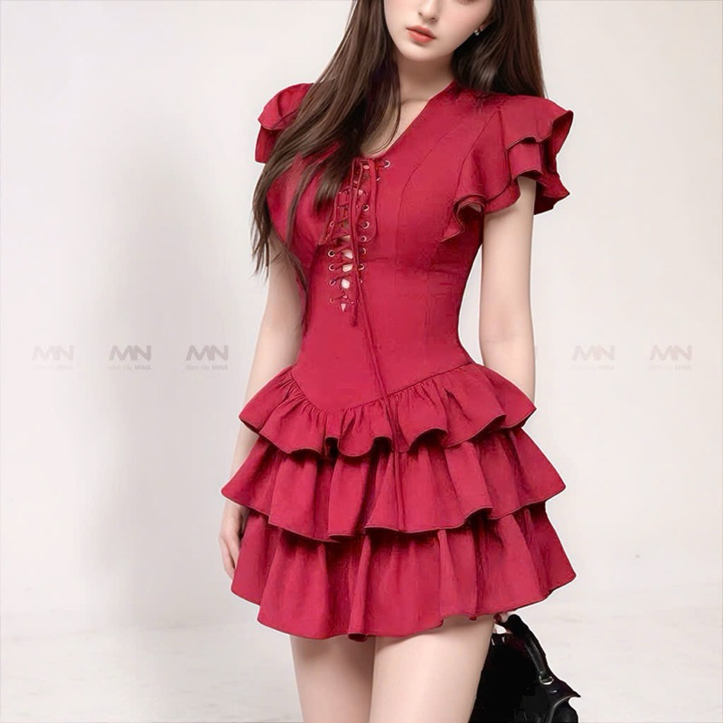 Ảnh Đầm xoè tầng MINA dự tiệc chất Cotton màu đỏ đô thiết kế quyến rũ trẻ trung MN307 3
