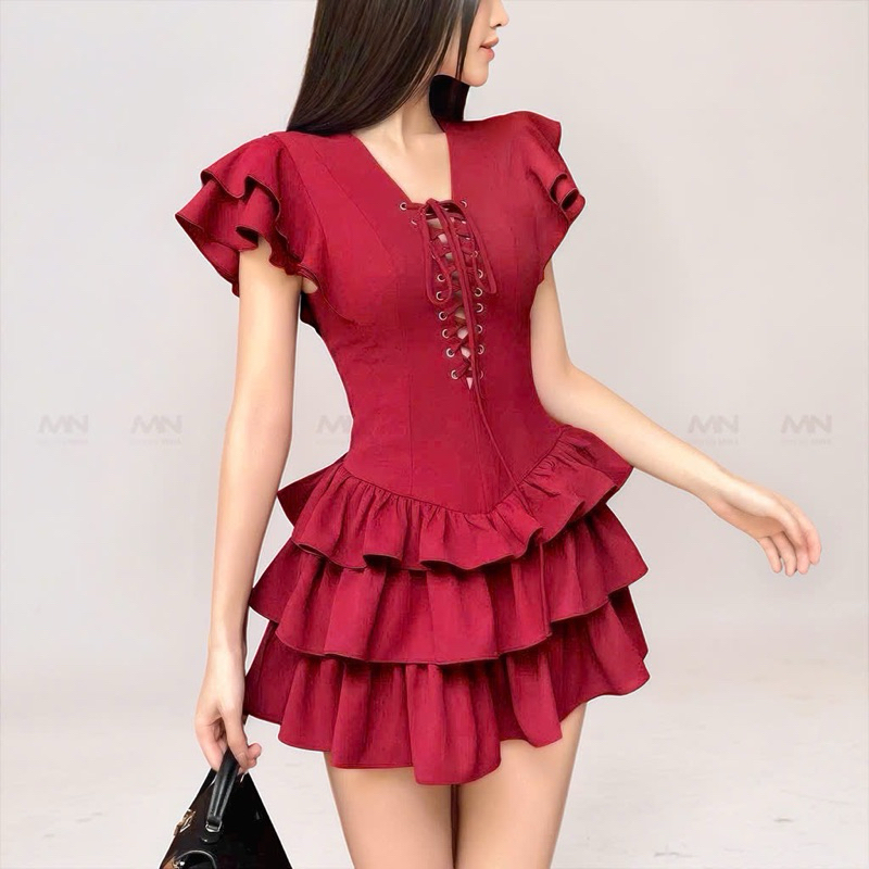 Ảnh Đầm xoè tầng MINA dự tiệc chất Cotton màu đỏ đô thiết kế quyến rũ trẻ trung MN307 2