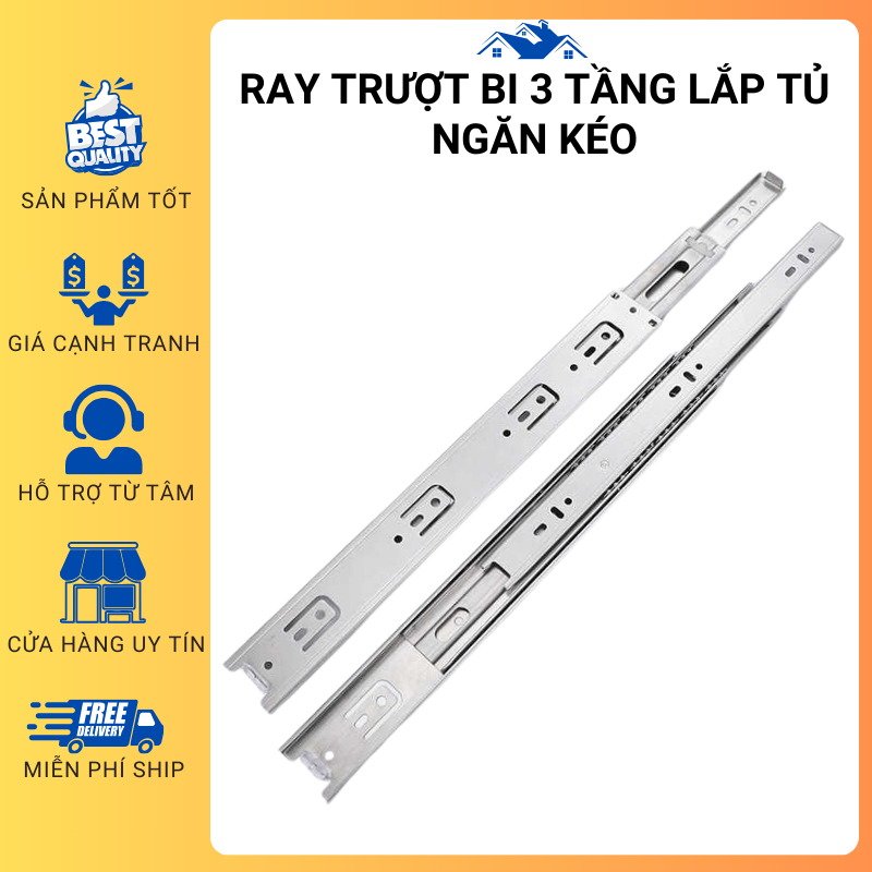 Ray trượt ngăn kéo, Thanh ray trượt bi 3 tầng INOX Bộ 2 cái từ kích ...