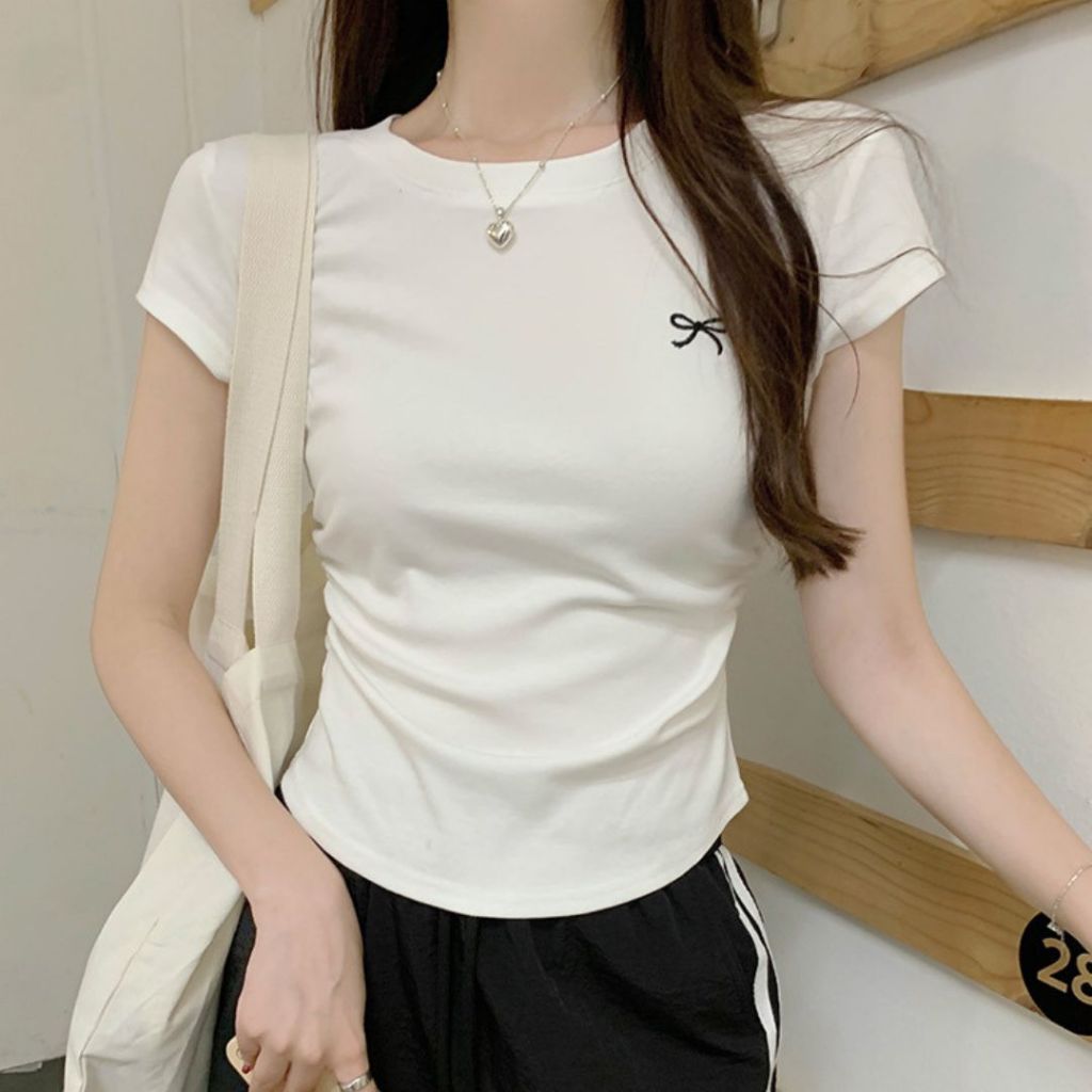 TudoQuinzy Áo Thun Cổ Tròn Họa Tiết Nơ Ngực Nhúm Eo Ôm Body Chất Cotton Dầy Dặn Co Giãn Mềm Mịn Mát