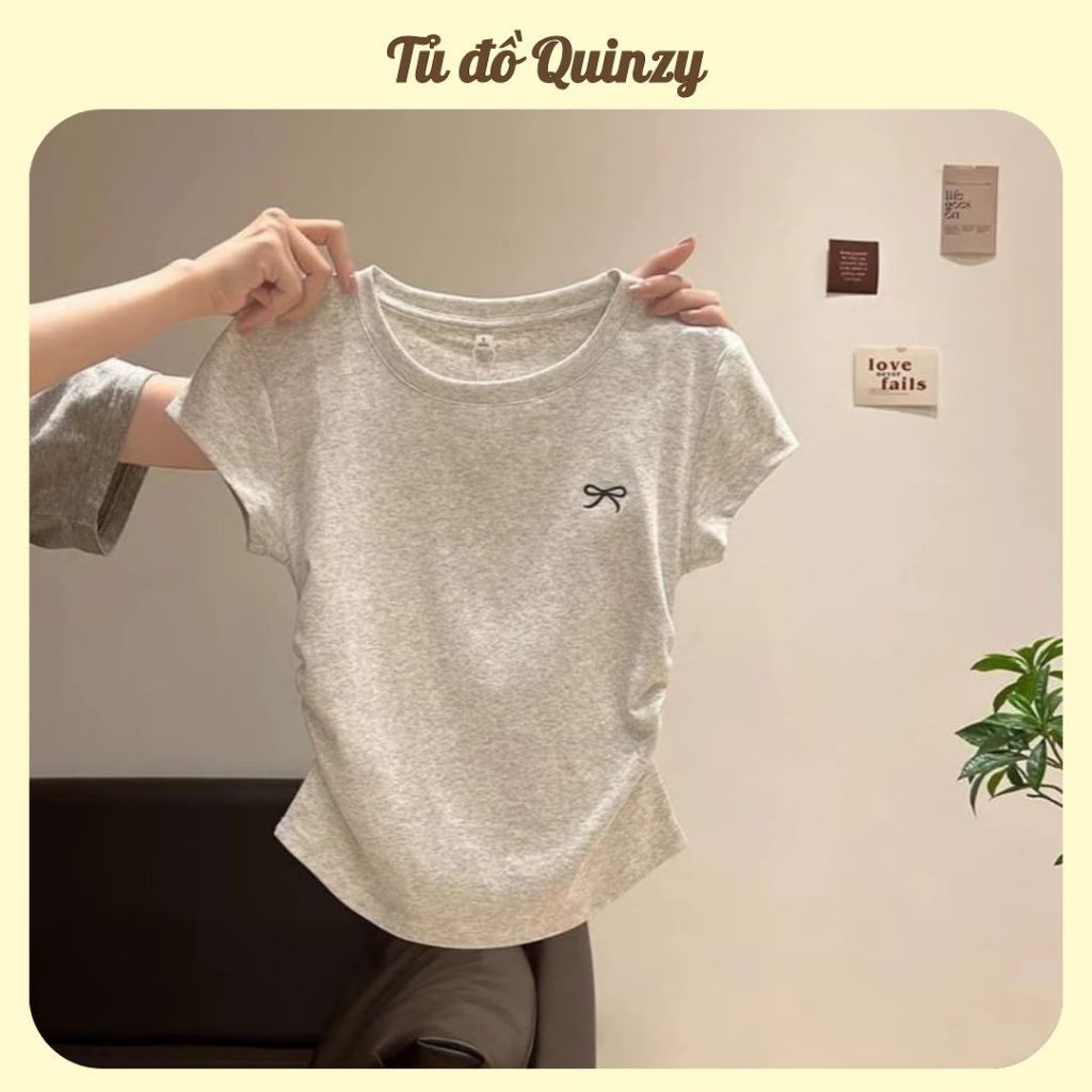 TudoQuinzy Áo Thun Cổ Tròn Họa Tiết Nơ Ngực Nhúm Eo Ôm Body Chất Cotton Dầy Dặn Co Giãn Mềm Mịn Mát