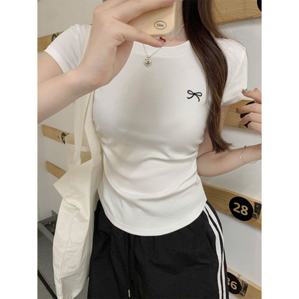 TudoQuinzy Áo Thun Cổ Tròn Họa Tiết Nơ Ngực Nhúm Eo Ôm Body Chất Cotton Dầy Dặn Co Giãn Mềm Mịn Mát