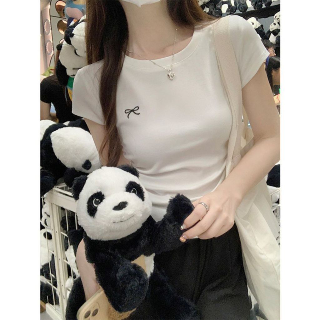 TudoQuinzy Áo Thun Cổ Tròn Họa Tiết Nơ Ngực Nhúm Eo Ôm Body Chất Cotton Dầy Dặn Co Giãn Mềm Mịn Mát