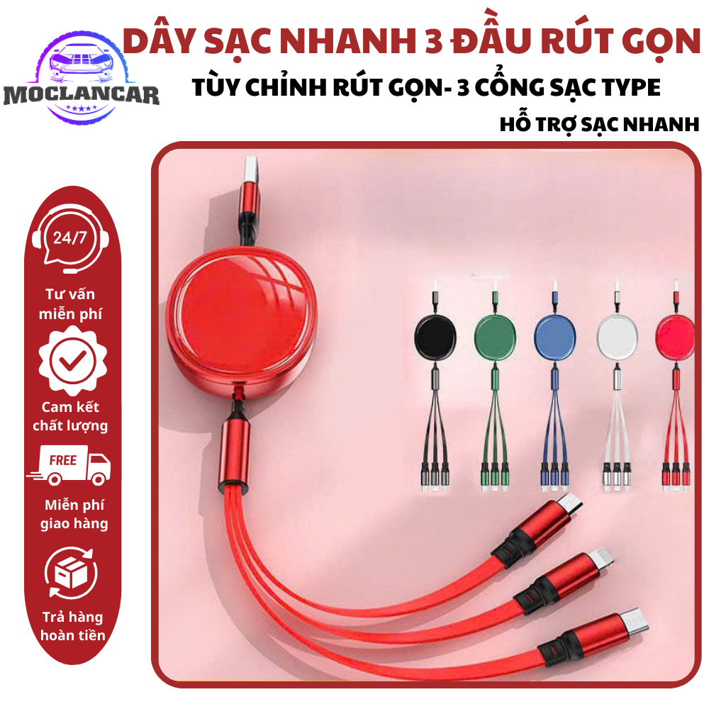 Cáp Điện Thoại Đa Năng 3 Đầu Sạc Dây Rút 3 In 1 Sạc Nhanh 3A Cổng Chất ...