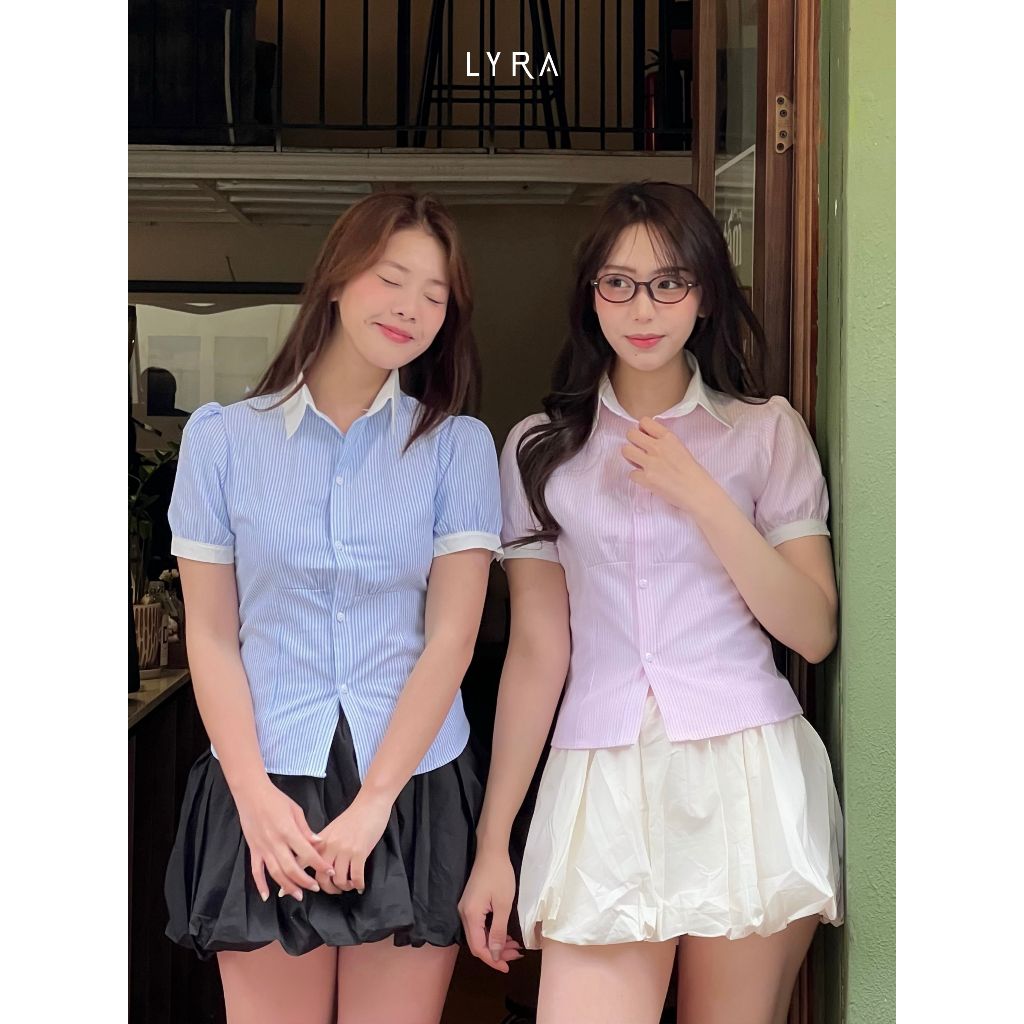 Ảnh Áo sơ mi kẻ sọc ngắn tay LYRA phối cổ trắng thiết kế tay bo viền dáng ôm, dây rút sau eo - LWNSM007 2