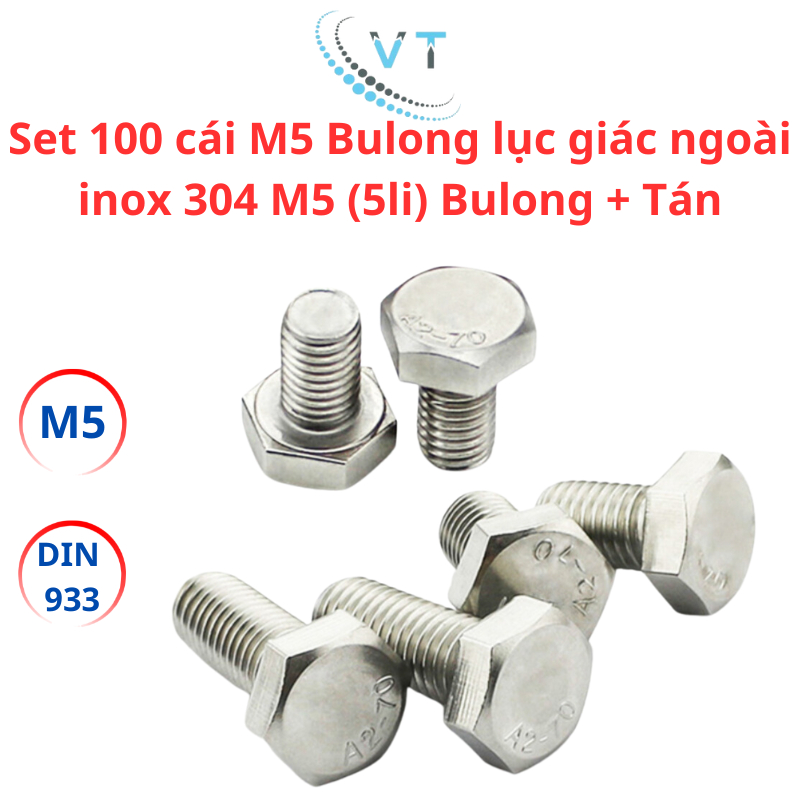Set 100 cái M5 Bulong lục giác ngoài inox 304 M5 (5li) Bulong + Tán