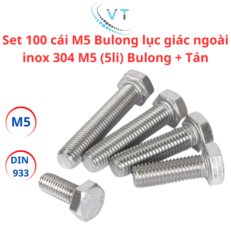 Set 100 cái M5 Bulong lục giác ngoài inox 304 M5 (5li) Bulong + Tán