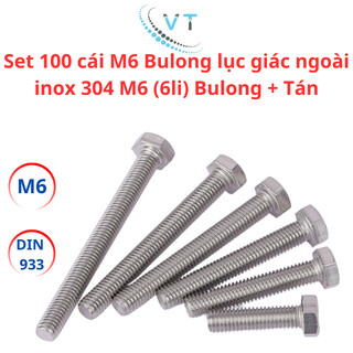 Set 100 cái M6 Bulong lục giác ngoài inox 304 M6 (6li) Bulong + Tán