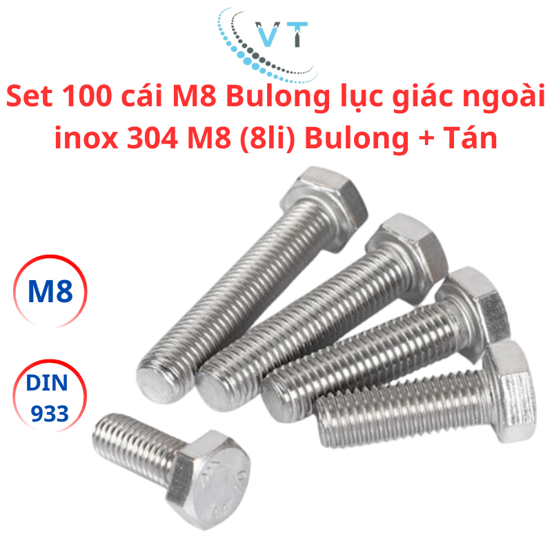 Set 100 cái M8 Bulong lục giác ngoài inox 304 M8 (8li) Bulong + Tán