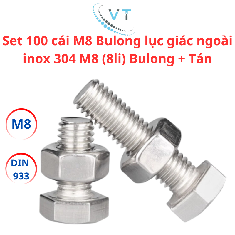 Set 100 cái M8 Bulong lục giác ngoài inox 304 M8 (8li) Bulong + Tán