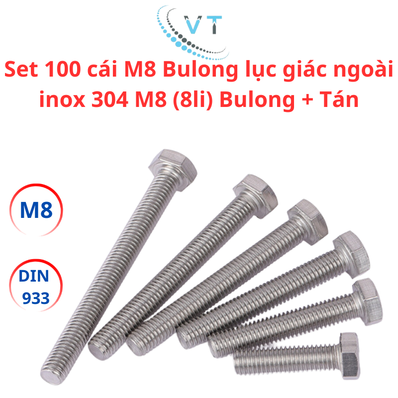 Set 100 cái M8 Bulong lục giác ngoài inox 304 M8 (8li) Bulong + Tán