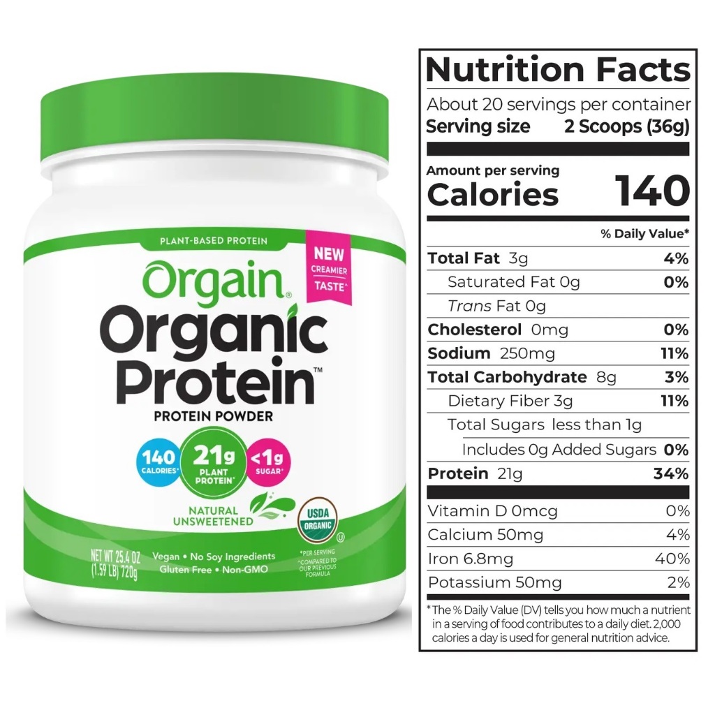 Bột protein không ngọt - đạm thực vật hữu cơ Orgain Organic Protein 720g