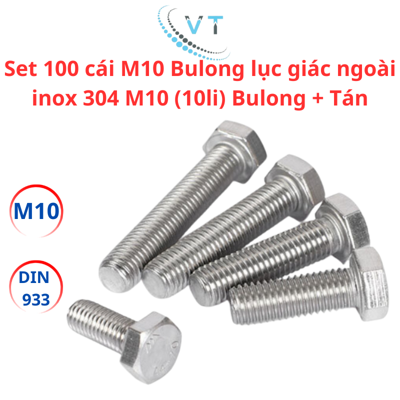 Set 100 cái M10 Bulong lục giác ngoài inox 304 M10 (10li) Bulong + Tán