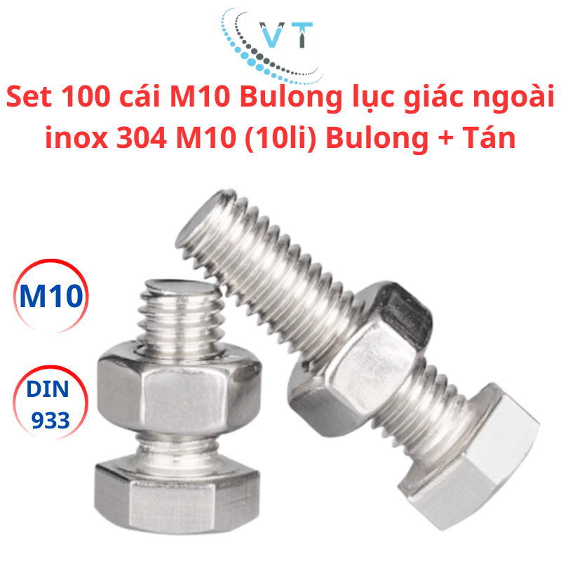 Set 100 cái M10 Bulong lục giác ngoài inox 304 M10 (10li) Bulong + Tán