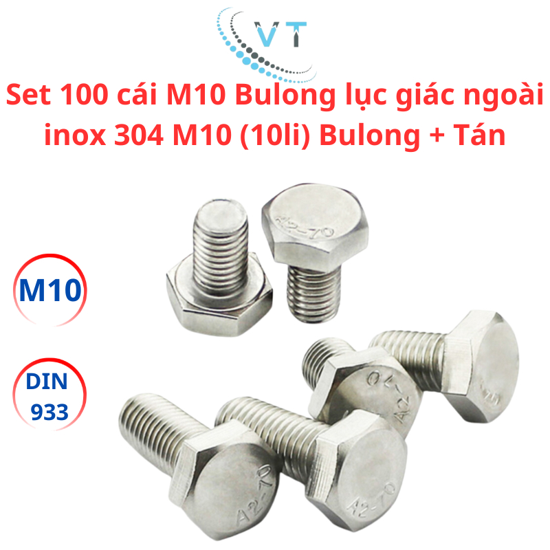 Set 100 cái M10 Bulong lục giác ngoài inox 304 M10 (10li) Bulong + Tán