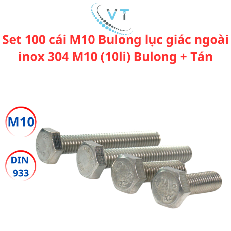 Set 100 cái M10 Bulong lục giác ngoài inox 304 M10 (10li) Bulong + Tán