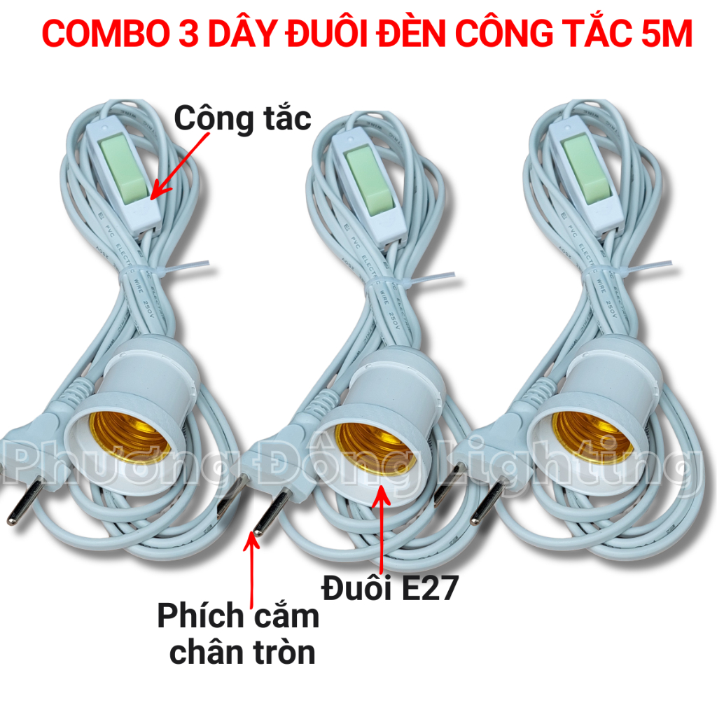 Combo 3 Dây Đuôi Đèn Công tắc 5m - Đuôi phổ thông E27