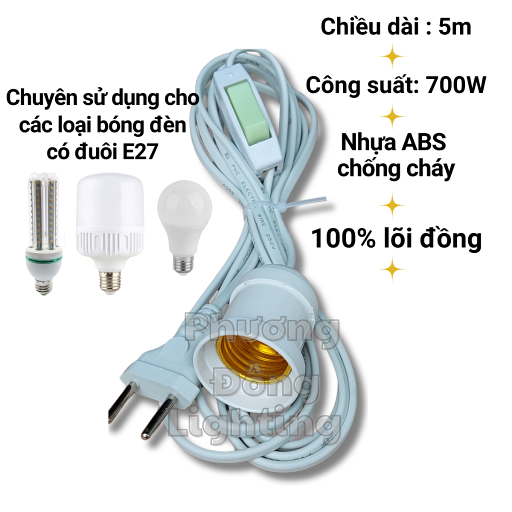 Combo 3 Dây Đuôi Đèn Công tắc 5m - Đuôi phổ thông E27