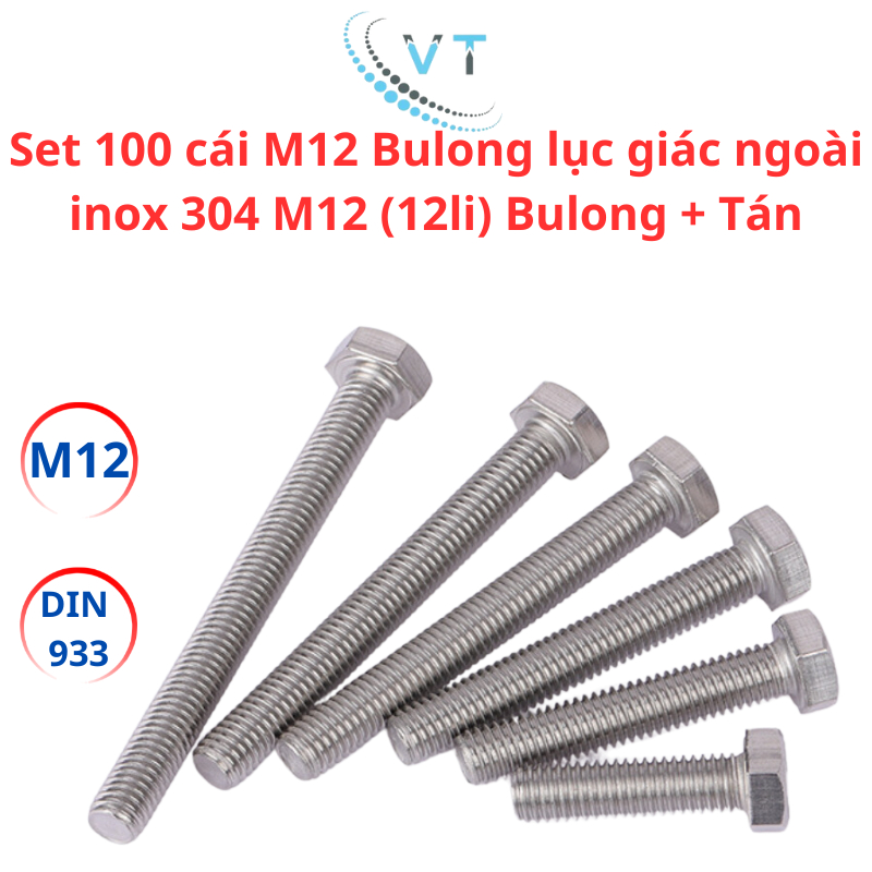 Set 100 cái M12 Bulong lục giác ngoài inox 304 M12 (12li) Bulong + Tán