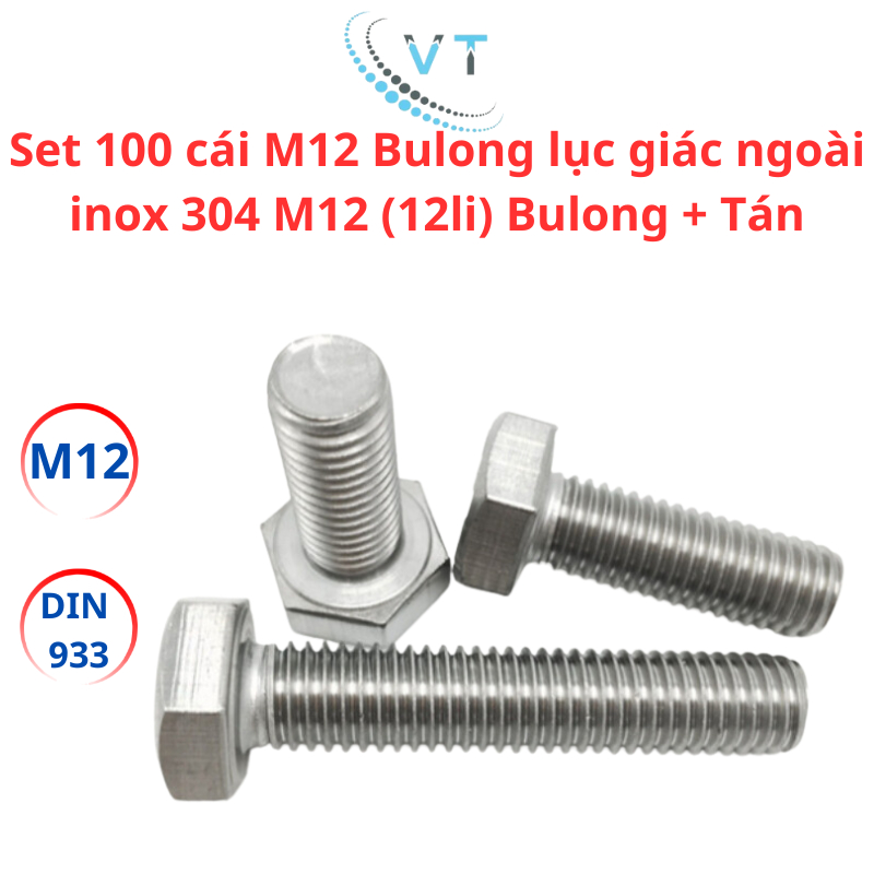 Set 100 cái M12 Bulong lục giác ngoài inox 304 M12 (12li) Bulong + Tán