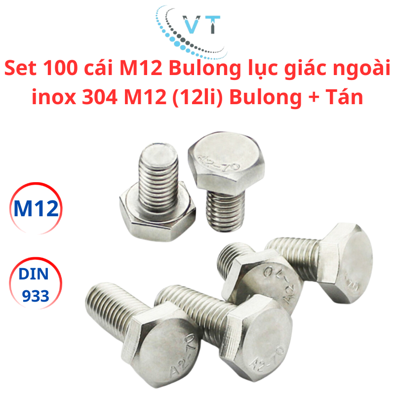Set 100 cái M12 Bulong lục giác ngoài inox 304 M12 (12li) Bulong + Tán