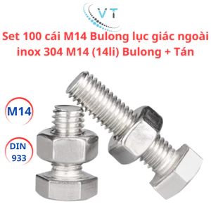 Set 100 cái M14 Bulong lục giác ngoài inox 304 M14 (14li) Bulong + Tán