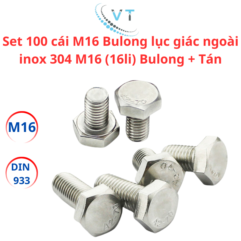 Set 100 cái M16 Bulong lục giác ngoài inox 304 M16 (16li) Bulong + Tán
