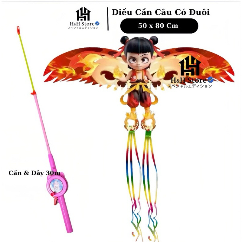 [ Size 50cm ]Diều Cần Câu Diều In 3D họa tiết hoạt hình dễ thương 50cmx80cm Kèm Cần và Dây