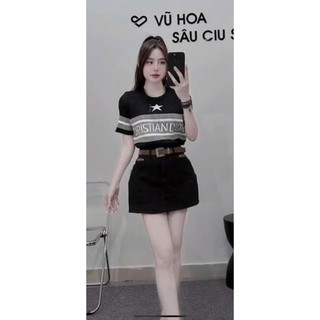Áo len sao nữ cộc tay cổ tròn, len tăm hoạ tiết chữ ngang ngực free size 830
