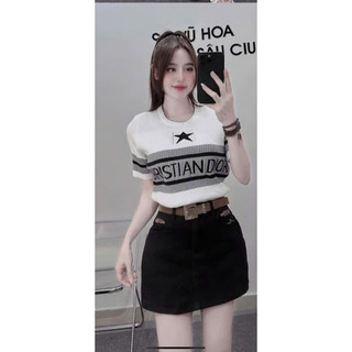 Áo len sao nữ cộc tay cổ tròn, len tăm hoạ tiết chữ ngang ngực free size 830