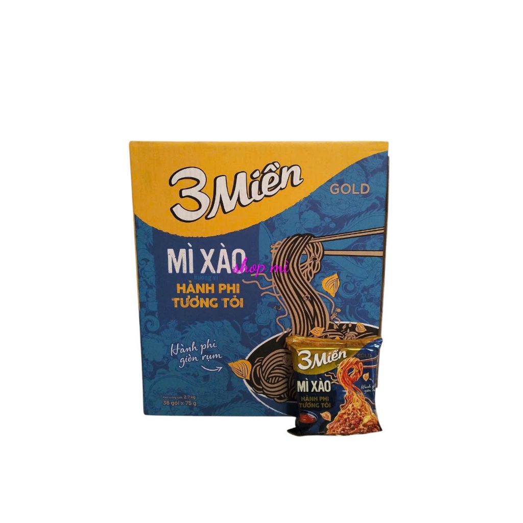 Thùng 30 gói Mì Xào Hành Phi Tương Tỏi, mì tôm sú chua cay Trung Bộ, Nam Bộ 3 Miền Gold 75gr