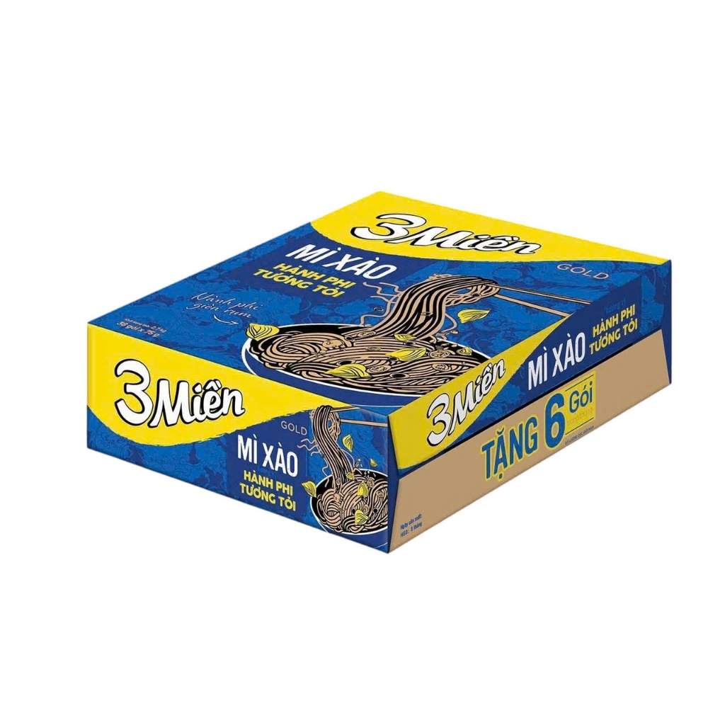 Thùng 30 gói Mì Xào Hành Phi Tương Tỏi, mì tôm sú chua cay Trung Bộ, Nam Bộ 3 Miền Gold 75gr
