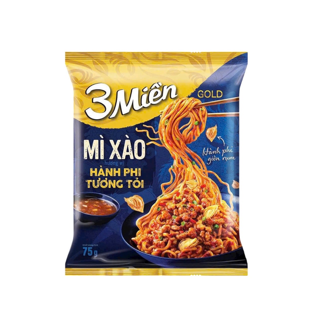 Thùng 30 gói Mì Xào Hành Phi Tương Tỏi, mì tôm sú chua cay Trung Bộ, Nam Bộ 3 Miền Gold 75gr