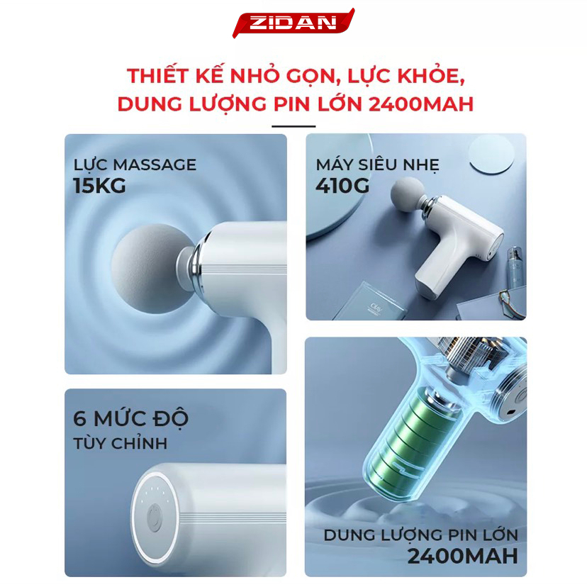 Máy Massage Cầm Tay Mini Cao Cấp Có Cảm Biến Chính Hãng Mát Xa Toàn Thân 6 Cấp Độ Chuyên Sâu Đa Năng, 4 Đầu