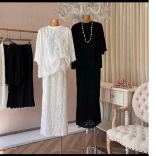 Set ren gồm áo và chân váy dáng dài suông phong cách hàn quốc 2 màu đen, kem RibbonStudio