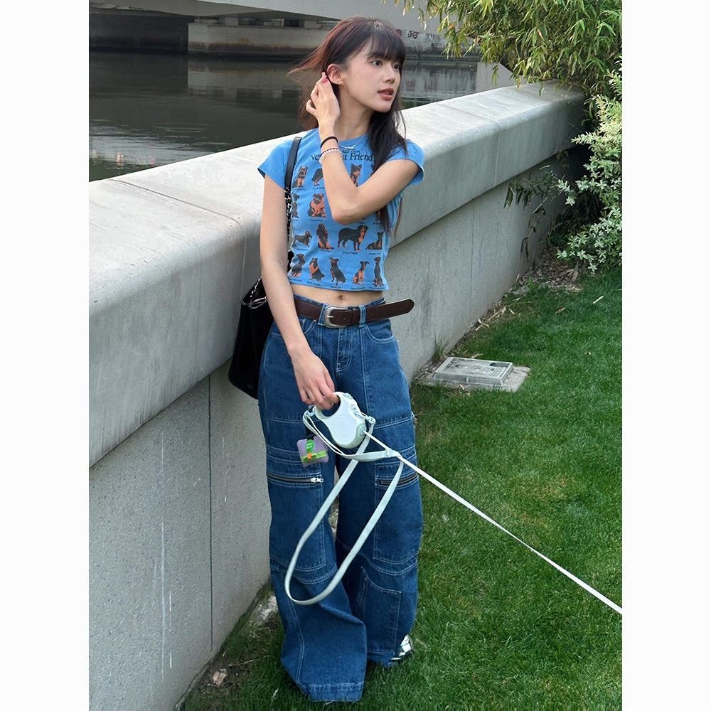 (sẵn) Áo thun baby tee màu xanh biển hoạ tiết những chú cún khỉ chất co giãn ABBT029 - Tiktik