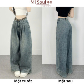 Quần Jeans Ống Suông Cạp Cao Chiết Eo Thiết Kế Gập Gấu BigSize , Quần Bò Dáng Rộng MiSoul 404