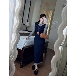 Set Váy 2 Món Áo Thun Trơn Dài Tay Mix Váy Yếm Dáng Dài Phối Viền Gấu Freesize