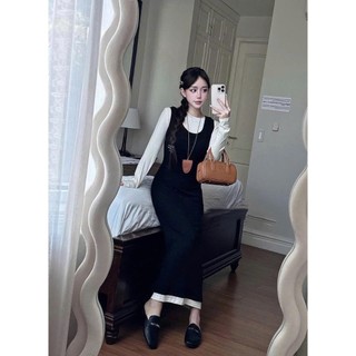 Set Váy 2 Món Áo Thun Trơn Dài Tay Mix Váy Yếm Dáng Dài Phối Viền Gấu Freesize