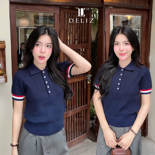 [DELIZ] Áo len mỏng dáng thom cổ polo cộc tay basic màu xanh chất len lông thỏ mềm PL10